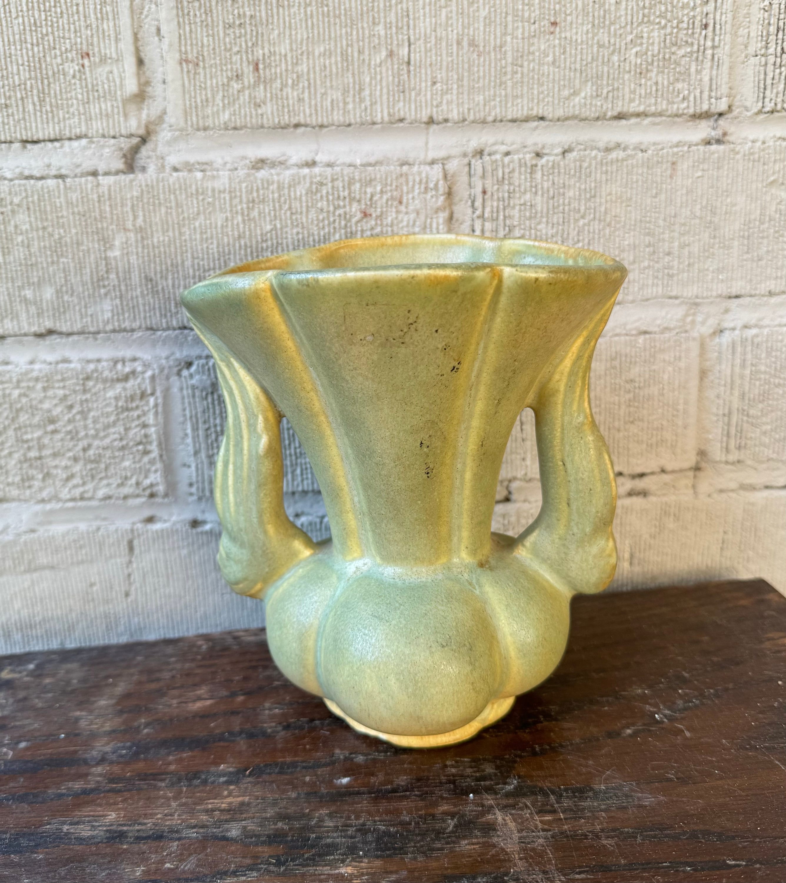 Vintage Midcentury MCM Niloak Vase Winged Handles Bud Vase Eagle Pottery Hywood by Niloak Kaolin Clay Light Green Glaze Arts & Crafts Style