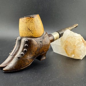 Antique Carved Edwardian Meershaum Briar Wood Shoes Pipe Figural Carved Button Up Boots British Hallmarks Gorgeous Details Well Loved 1900