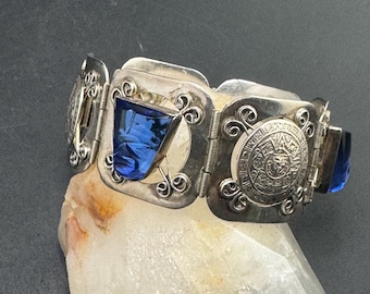 Vintage Sterling Silver Mask Bracelet Blue Mirrored Glass Panels Mayan Aztec Calendar Celestial Mesoamerican Style 36g