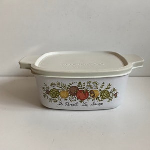 Vintage Corning Ware Spice of Life Le PERSIL LA SAUGE Casserole Dish 1 1/2 Quart Covered Dish Corning Glass Works Orig Plastic Lid 1970s-80s