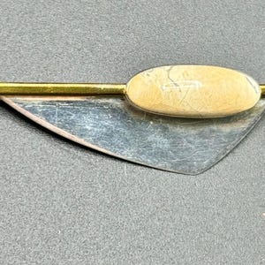 Vintage AJV Sterling Silver Modernist Brooch w Brass Two Tone Accent White Gemstone Asymmetrical Unisex Mid Century Scandinavian Style