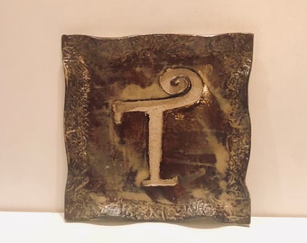 Handmade Ceramic Trinket Dish Raised Letter T Wavy Brown Beige Snack Tray Catchall