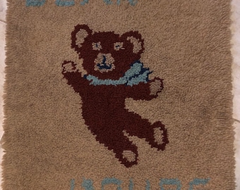 Sweet Vintage Handmade Hooked Rug Teddy Bear L’ours “The Bear” French Bear Teddy Bear Adorable Brown Bear with Turquoise Blue Scarf