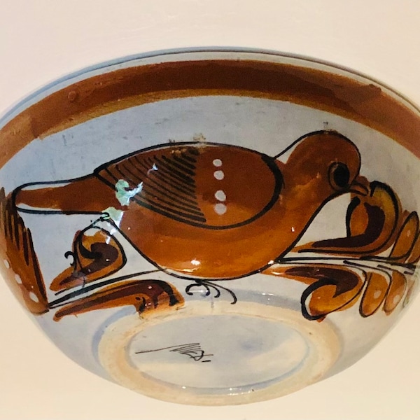 Vintage Tonala Jalisco Bowl Hand Painted Decorative Mexican Bird Signed Mexico Possibly Ken Edwards Soup Bowl Fruit Bowl Folk Art Bird Dish