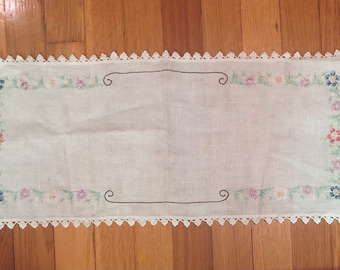 Vintage Handmade Mid Century Embroidered Linen Table Runner Vanity Cover with Flowers Floral Needlework Tea Party Decor Grandmother Core