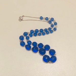 Stunning Vintage Art Deco Blue Graduated Austrian Crystal Choker Necklace on 17&quot; Sterling Silver Chain