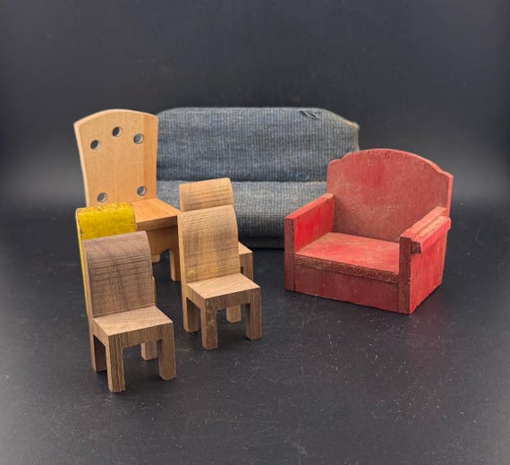 Vintage Primitive Dollhouse Furniture Handmade Wooden Southern Folk Art Miniatures Chairs Sofa made by my neighbor! 1950s-60s for Mini Dolls