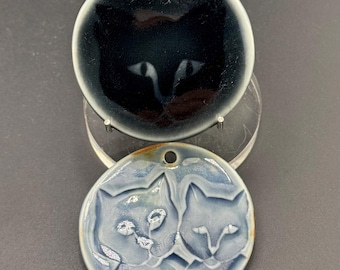 Vintage Ceramic Cat Tile Discs Hanging Ornaments Blue Kitties & Black Cat Handmade Feline Silhouettes