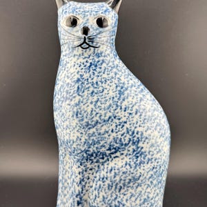 Vintage Enesco Blue Spongeware Cat Statue Hand Painted Sitting Kitty Cat Statuette Figurine Cat Lady Gift Made in Taiwan (no sticker)