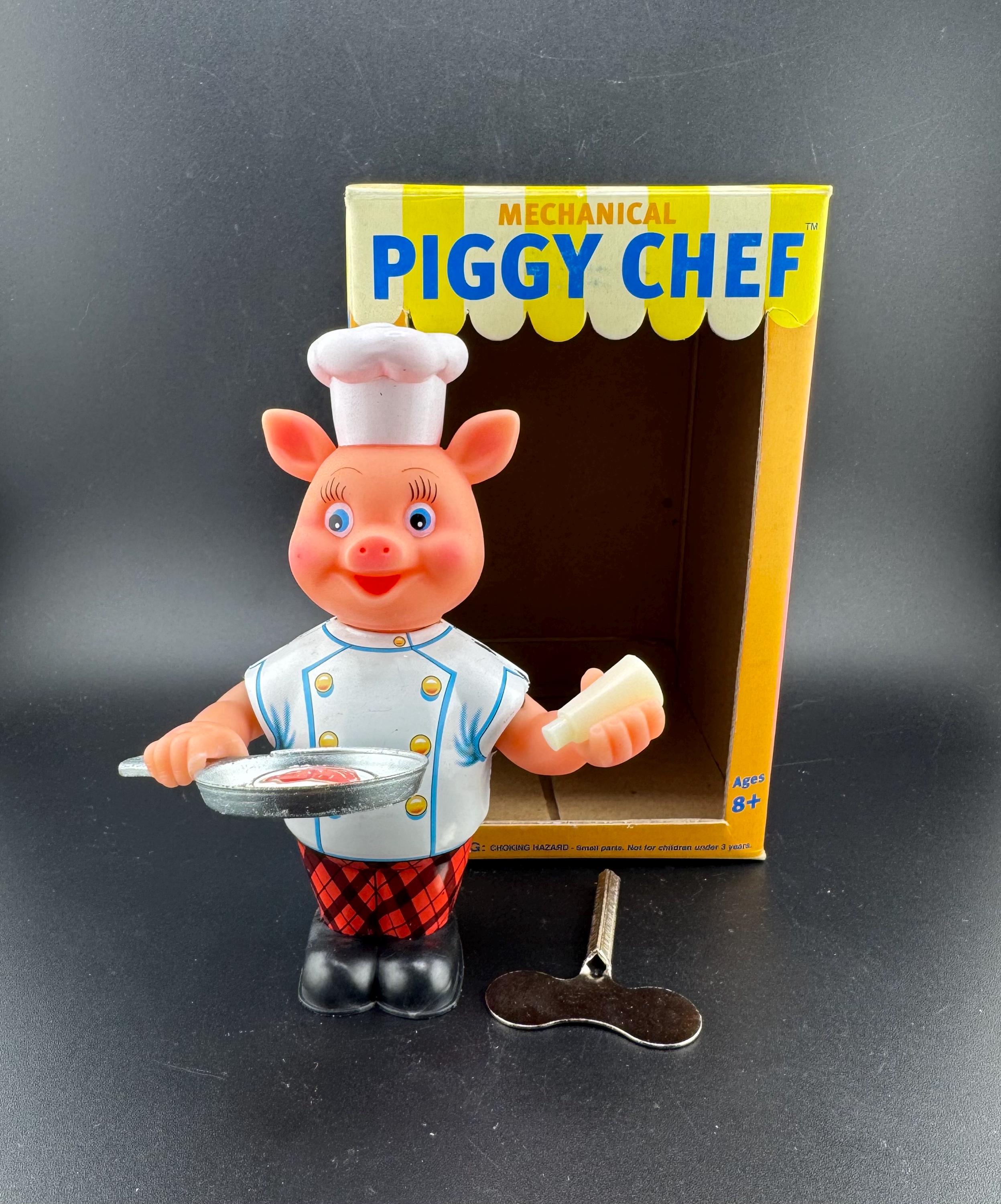 Vintage Mechanical Piggy Chef Wind up Toy W Key MIB Rocket USA