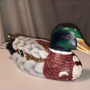Vintage Painted Duck Decoy Carving Wooden Duck Statue Primitive Country Home Hunting Lodge Rustic Weathered Mallard Farmhouse Cottage Core