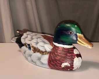 Vintage Painted Duck Decoy Carving Wooden Duck Statue Primitive Country Home Hunting Lodge Rustic Weathered Mallard Farmhouse Cottage Core