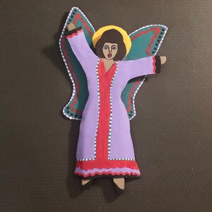 Vtg 1990 Sherry Cook Turner Metal Folk Art Angel Winged Lady Purple Dress Primitive Southern Wall Hanging Georgia Festival Sculpture Signed
