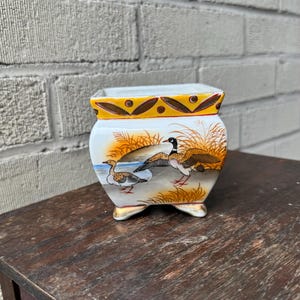 May include: A white ceramic planter with a square shape and a gold rim. The planter features a hand-painted design of two birds in a grassy field. The planter has four small feet.
