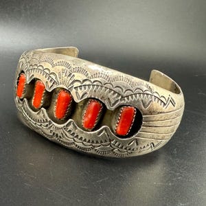 Rare Vintage Native American Navajo Coral Sterling Silver Shadowbox Bracelet Rare Vintage Native American Navajo Coral Sterling Silver Shadowbox Bracelet