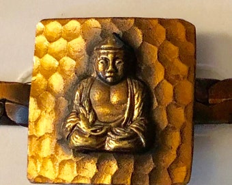Vintage Buddha Head Buckle Brown Leather Belt Filigree Brass  display picture 1