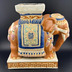 Vintage Asian Elephant Plant Stand Pedestal Bookend Garden Statue Ceramic Pachyderm Chinese Shou Symbols Elephant Statue Hippie Boho As Is