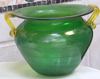Vintage Art Glass Vase Iridescent Green w Yellow Applies Handles Stunning! Vaseline Glass?