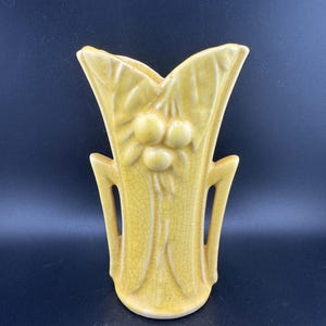 Vintage 1940s Mid-Century McCoy 1940's Art Deco Yellow Vase Cherries and Berry Leaf Motif Art Pottery Bud Vase Trumpet Shape Crazed Finish