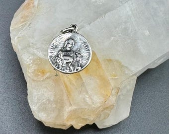 Vtg Sterling Silver Saint Agnes Religious Medal Catholic Charm Pendant French Medallion Patron Saint Victims & Gardeners Engaged Couples