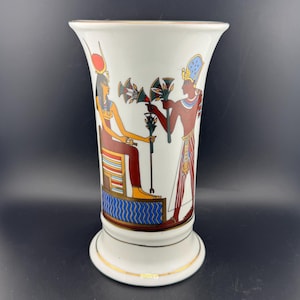 Gorgeous Ceramic Egyptian Scenic Vase Sheeni Fine Porcelaine Polychrome Vase Ancient Egypt Heiroglyphics Art Deco Revival Design 8” Tall