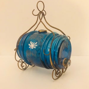 Miniature Victorian Blue Moser Glass Barrel Liqueur Liquor Keg Barrel Whiskey Decanter Dispenser w Holder Enameled Flowers AS IS To Restore
