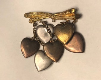 Vintage Sweetheart Pin Hearts Dangling from Branch Jangly Metal Hearts Chatelaine Brooch Pin