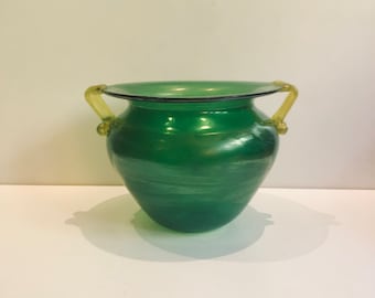 Vintage Art Glass Vase Iridescent Green w Yellow Applies Handles Stunning! Vaseline Glass?