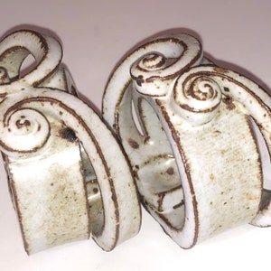 Pair Handmade Stoneware Studio Pottery Napkin Rings Mid Century Swirls Postmodern Style MCM Tableware Whimsical Modernist Swirly