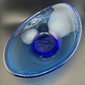 Vintage MCM Holmegaard Oval Asymmetrical Glass Bowl Selandia Blue Trinket Dish Per Lutken Sculpture Scandinavian Modernist Fruit Bowl