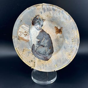 Vintage Decoupage Kitty Dish Wall Plate Gray & White Cat Butterfly Fishbowl Print Foil Backed Signed Folk Art Emily 3/95 Victorian Inspired