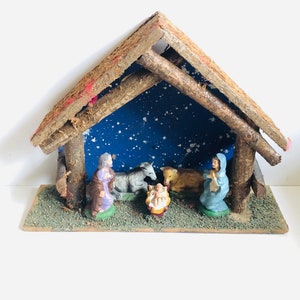 1960s Italian Nativity Crèche Papier-Mâché Mary Joseph Jesus in the Manger Donkey Cow Animals Rustic Barn Made in Italy