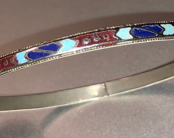 Art Deco Enameled Bangle Bracelet Deco Revival Enamel and Silver Stacking Bracelet