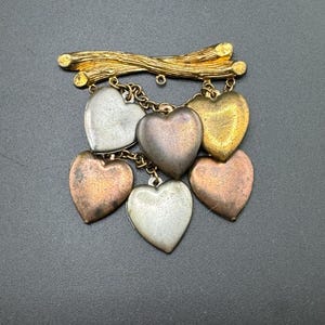 Vintage Sweetheart Pin Hearts Dangling from Branch Jangly Metal Hearts Chatelaine Brooch Pin