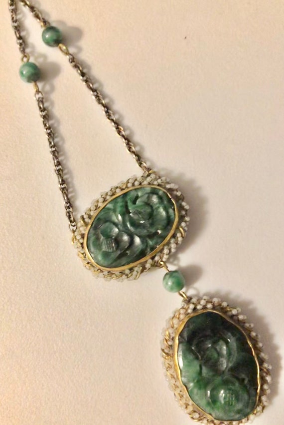 Edwardian Jade Lavaliere Necklace Antique Art Dec… - image 3