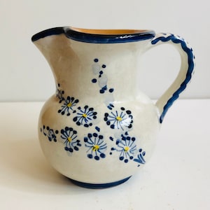 Vintage Ceramic European Pitcher Creamer Pitcher Milk Pitcher Blue Flowers German or Polish Art Pottery Signed Handbemag Cottage Core Decor