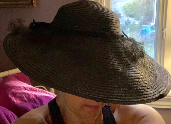 Wide Brimmed Cartwheel Hat Elegant 1940s Black Wid