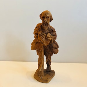 Antique Carved Wooden Sculpted Statue Barefoot Elderly Traveler Alter Statuary Folk Art Carving Wooden Statue Rustic Decor