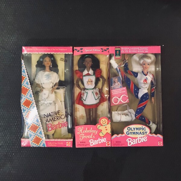 3 Vtg 1990s Barbies MIB 1996 Atlanta Olympic Gymnast Barbie Holiday Treats Special Ed Black Doll Native American Dolls of the World Series