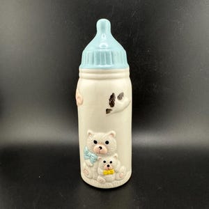 Alcancía de cerámica vintage para biberones, diseño de osos de peluche, pájaro, pezón azul, regalo para bebé niño, decoración de habitación infantil, decoración caprichosa para baby shower.