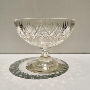 Small Antique Cut Crystal Compote Bowl Candy Dish Trinket Catchall Cross Hatching & Fans Pineapple Pattern