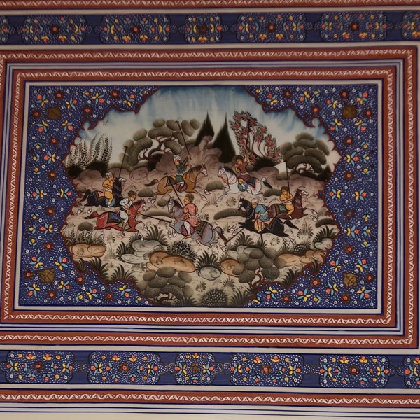 Art folklorique turc original peinture tapis oriental orné de conception hommes sur des chevaux jeu de polo persan ottoman arabe