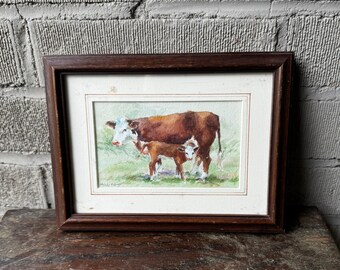 Sweet Original Small Cow Watercolor Painting by Melody Asbury Framed Mama Cow Calf Portrait Realist Artwork Farmhouse Barnyard Farm Animals