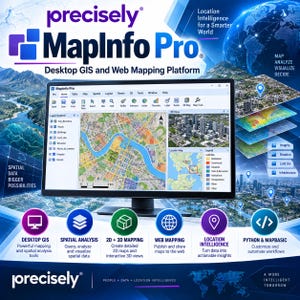 Può includere: Un monitor di computer che mostra l'interfaccia del software MapInfo Pro, con una mappa centrale, una vista 3D della città e un pannello di controllo dei livelli. Lo schermo presenta vari strumenti GIS, dati spaziali e funzioni di mappatura.