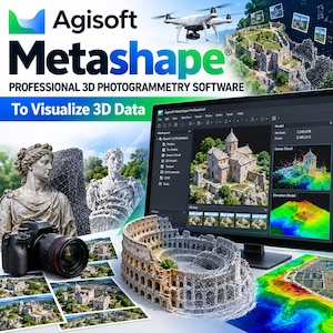 May include: Agisoft Metashape professional 3D photogrammetry software promotional graphic featuring a white drone, a black DSLR camera, a computer monitor displaying 3D models, dense clouds, elevation models, and stone statue wireframe renders.