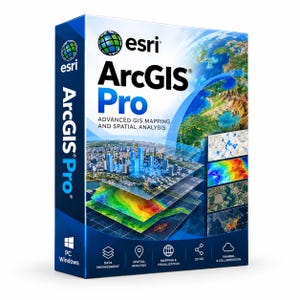 May include: A rectangular software box for Esri ArcGIS Pro, featuring a blue and white design with a globe icon, a city skyline, and layered map graphics. The text reads ArcGIS Pro Advanced GIS Mapping and Spatial Analysis for PC Windows.