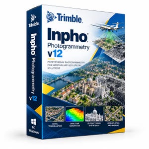 May include: A rectangular software box for Trimble Inpho Photogrammetry v12. The blue and white packaging features an aerial view of a city, a plane, and four small inset images showing aerial triangulation, DEM/DSM, 3D models, and mapping.