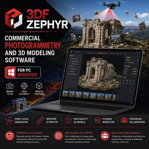 Puede incluir: Software comercial de fotogrametría y modelado 3D 3DF Zephyr para PC Windows. La interfaz muestra una reconstrucción 3D de una estructura de piedra antigua, con iconos para la generación de nubes de puntos, alta precisión y herramientas de malla.