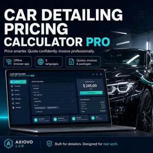 Könnte beinhalten: Ein Laptop mit der Benutzeroberfläche der Software Car Detailing Pricing Calculator Pro in einem dunklen Design, das ein Dashboard, einen Schnellrechner und eine Preisaufschlüsselung zeigt. Der Text auf dem Bildschirm enthält Price smarter.