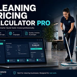 Könnte beinhalten: Eine digitale Software-Oberfläche mit dem Titel Cleaning Pricing Calculator Pro auf einem Laptop-Bildschirm, die ein Dashboard mit einem Schnellrechner, einem geschätzten Preis von 286,00 $ sowie Symbolen für Angebote und Rechnungen zeigt.